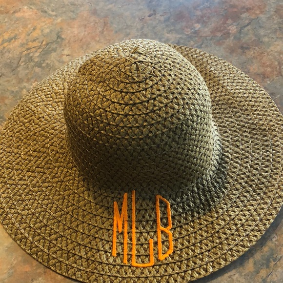 Monogrammed beach hat, medium.  Tan with orange letters. - Picture 1 of 4